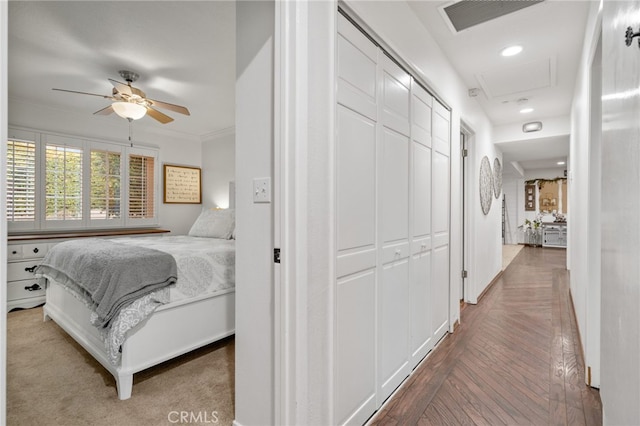 2240 La Sierra Way, Claremont, CA 91711 - bedroom with a closet, a ceiling fan, crown molding, and recessed lighting