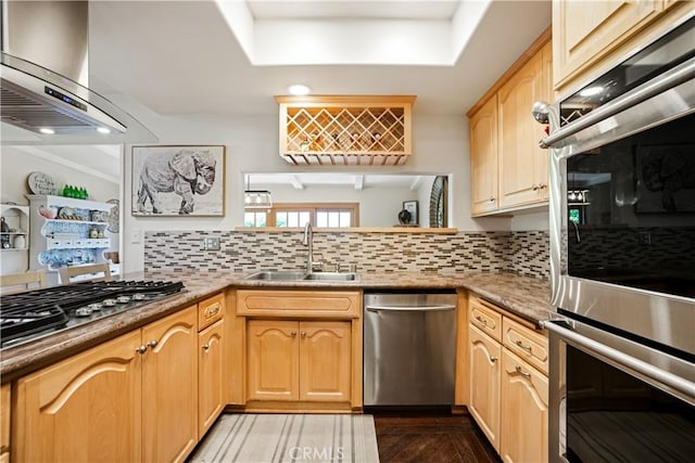 2240 La Sierra Way, Claremont, CA 91711 - kitchen featuring stainless steel appliances, decorative backsplash, range hood, light brown cabinets, and recessed lighting