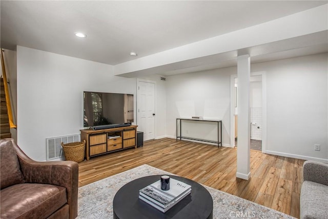 32425 Snowshoe Ln, Running Springs, CA 92382 - living room with wood finished floors, stairs, and recessed lighting