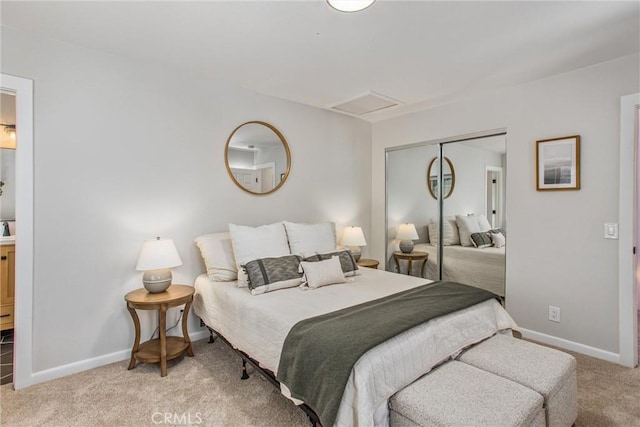 32425 Snowshoe Ln, Running Springs, CA 92382 - bedroom with light colored carpet, a closet, and attic access