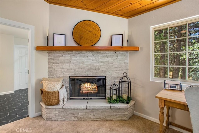 32425 Snowshoe Ln, Running Springs, CA 92382 - detailed view of wood ceiling, a fireplace, and carpet