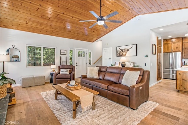 32425 Snowshoe Ln, Running Springs, CA 92382 - living area with wooden ceiling, a ceiling fan, light wood-type flooring, high vaulted ceiling, and stairs