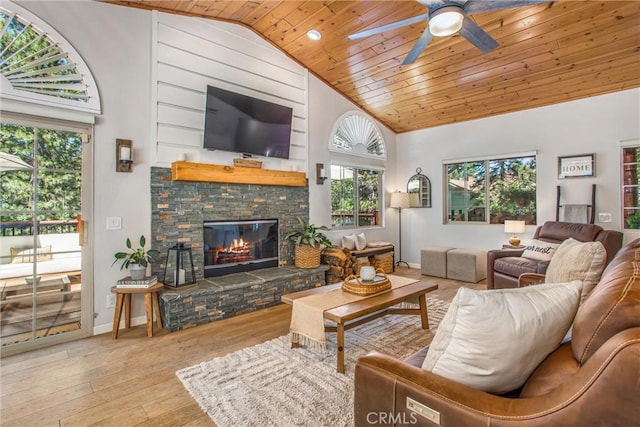 32425 Snowshoe Ln, Running Springs, CA 92382 - living room featuring wood ceiling, ceiling fan, hardwood / wood-style flooring, a stone fireplace, and high vaulted ceiling
