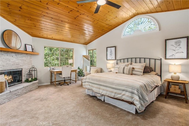 32425 Snowshoe Ln, Running Springs, CA 92382 - carpeted bedroom with lofted ceiling, wood ceiling, a fireplace, and ceiling fan