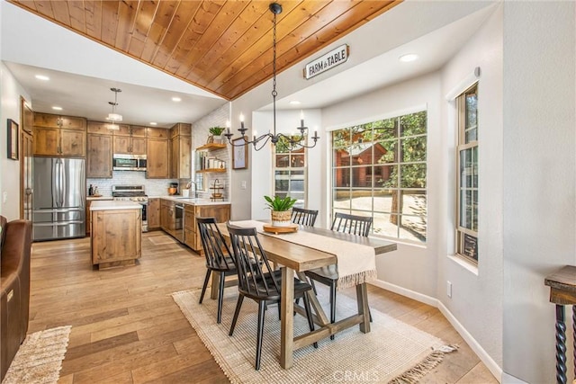 32425 Snowshoe Ln, Running Springs, CA 92382 - dining area with vaulted ceiling, light wood finished floors, wooden ceiling, recessed lighting, and a chandelier