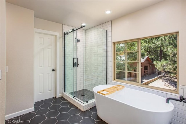 32425 Snowshoe Ln, Running Springs, CA 92382 - full bath featuring a stall shower, a soaking tub, tile patterned floors, and recessed lighting