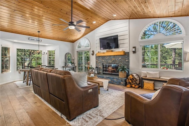 32425 Snowshoe Ln, Running Springs, CA 92382 - living room featuring wood ceiling, lofted ceiling, a fireplace, a ceiling fan, and light wood-style floors