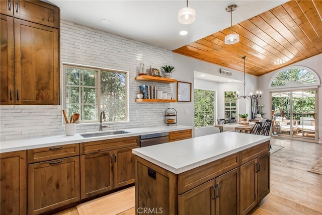 32425 Snowshoe Ln, Running Springs, CA 92382 - kitchen with stainless steel dishwasher, decorative backsplash, pendant lighting, light countertops, and a kitchen island