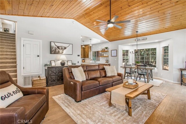 32425 Snowshoe Ln, Running Springs, CA 92382 - living room featuring wood ceiling, vaulted ceiling, stairway, ceiling fan, and light wood-type flooring
