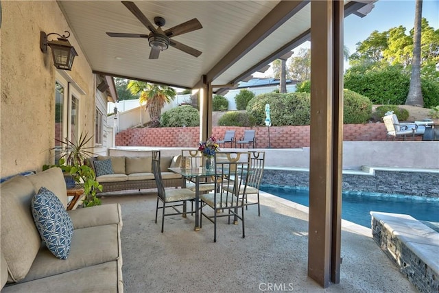 29862 Via Puesta Del Sol, Temecula, CA 92591 - fenced backyard with outdoor lounge area, a patio, an outdoor pool, and a ceiling fan