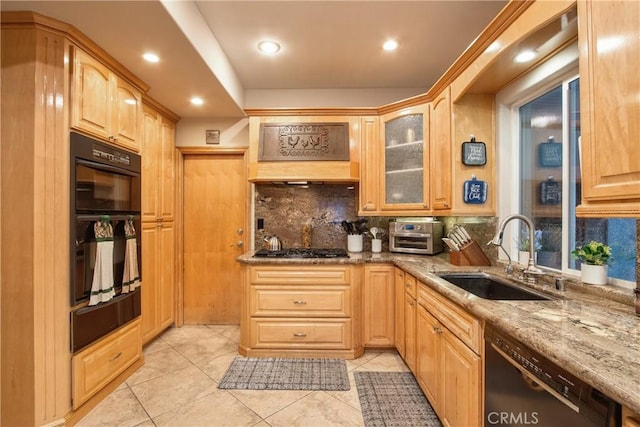 29862 Via Puesta Del Sol, Temecula, CA 92591 - kitchen with black appliances, a warming drawer, light stone countertops, tasteful backsplash, and light tile patterned flooring