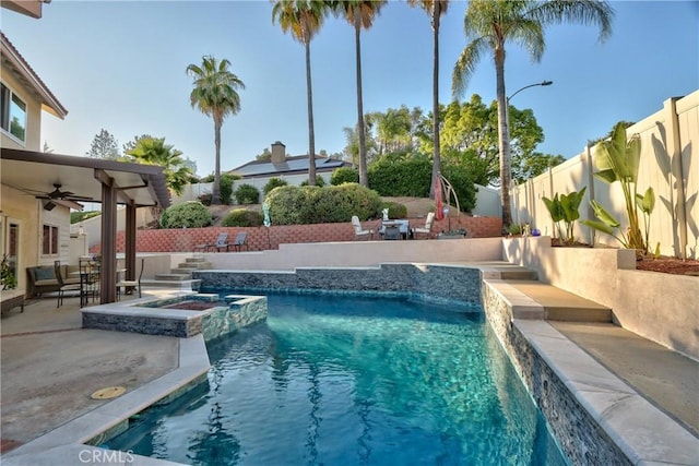 29862 Via Puesta Del Sol, Temecula, CA 92591 - view of swimming pool with ceiling fan, a patio area, a fenced backyard, and a pool with connected hot tub
