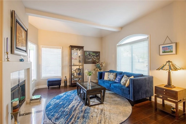 29862 Via Puesta Del Sol, Temecula, CA 92591 - living area featuring a fireplace with flush hearth and beam ceiling