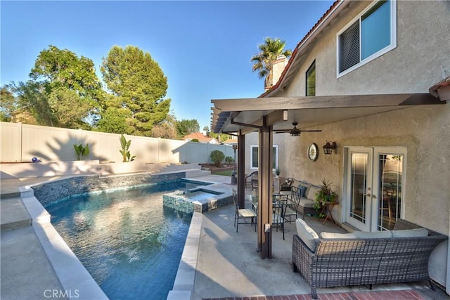 29862 Via Puesta Del Sol, Temecula, CA 92591 - view of swimming pool featuring a fenced backyard, french doors, ceiling fan, a patio, and a pool with connected hot tub