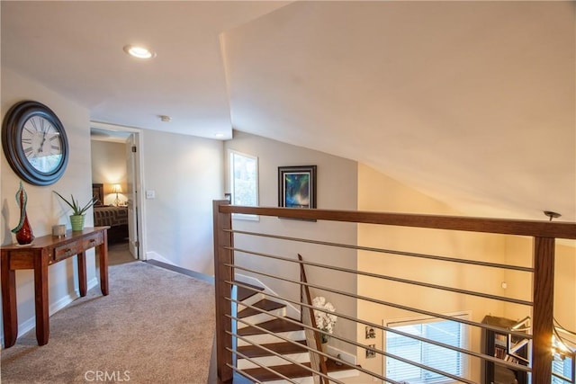 29862 Via Puesta Del Sol, Temecula, CA 92591 - corridor featuring carpet, an upstairs landing, vaulted ceiling, and recessed lighting