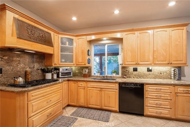 29862 Via Puesta Del Sol, Temecula, CA 92591 - kitchen featuring black dishwasher, gas stovetop, light brown cabinets, light tile patterned floors, and tasteful backsplash