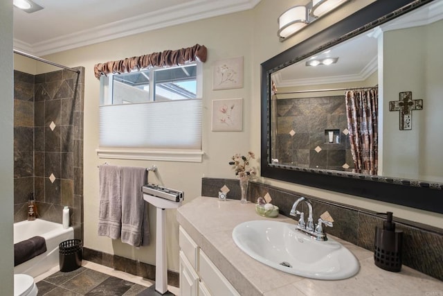 1524 Zutano Ln, Fallbrook, CA 92028 - full bathroom featuring vanity, crown molding, and shower / bath combo
