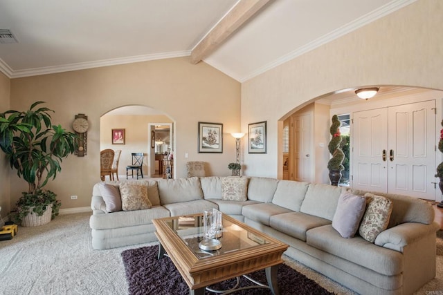 1524 Zutano Ln, Fallbrook, CA 92028 - living area featuring arched walkways, carpet, and crown molding