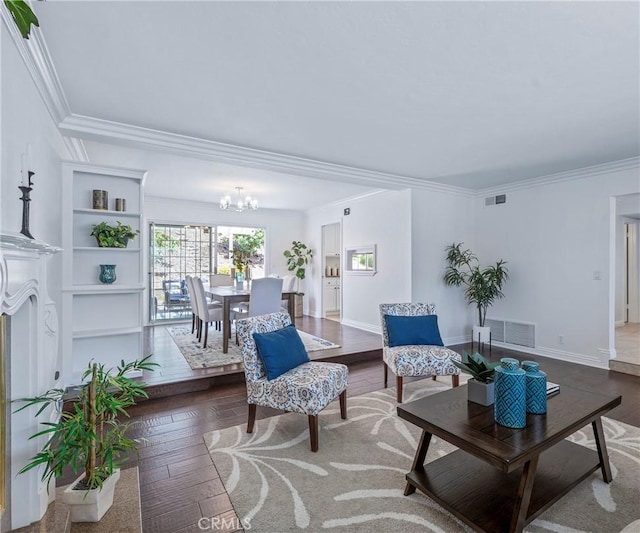 415 Buttonwood Dr, Brea, CA 92821 - living area with a chandelier, hardwood / wood-style floors, and crown molding