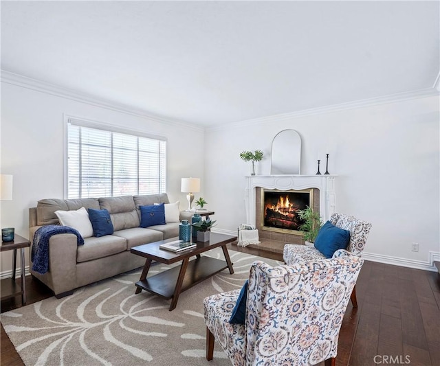 415 Buttonwood Dr, Brea, CA 92821 - living room featuring ornamental molding, wood-type flooring, and a warm lit fireplace