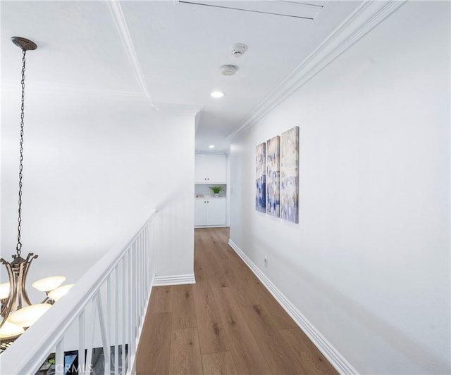 415 Buttonwood Dr, Brea, CA 92821 - hallway featuring crown molding, wood finished floors, and recessed lighting
