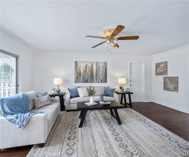 415 Buttonwood Dr, Brea, CA 92821 - living area featuring dark wood-type flooring, ornamental molding, and ceiling fan