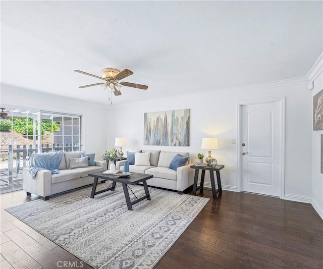 415 Buttonwood Dr, Brea, CA 92821 - living room featuring dark wood-style flooring, a ceiling fan, and ornamental molding