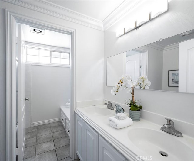 415 Buttonwood Dr, Brea, CA 92821 - full bath with double vanity, ornamental molding, tile patterned flooring, and a bath