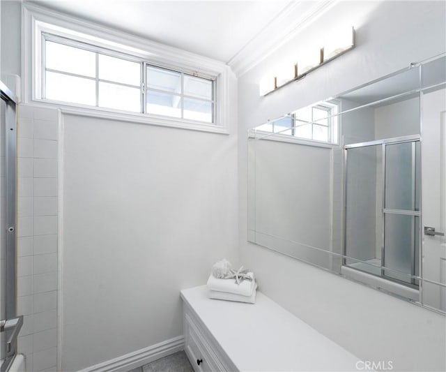415 Buttonwood Dr, Brea, CA 92821 - full bath with plenty of natural light, a shower with door, ornamental molding, and vanity