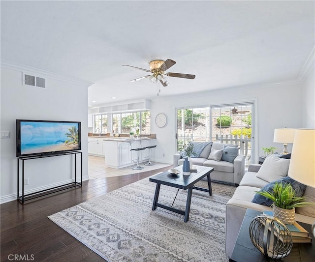 415 Buttonwood Dr, Brea, CA 92821 - living room featuring ornamental molding, light wood-type flooring, a ceiling fan, and recessed lighting