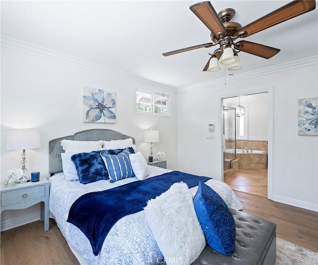 415 Buttonwood Dr, Brea, CA 92821 - bedroom featuring crown molding, wood finished floors, connected bathroom, and ceiling fan