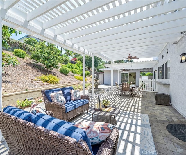 415 Buttonwood Dr, Brea, CA 92821 - view of patio / terrace featuring outdoor lounge area, outdoor dining area, a pergola, and a ceiling fan