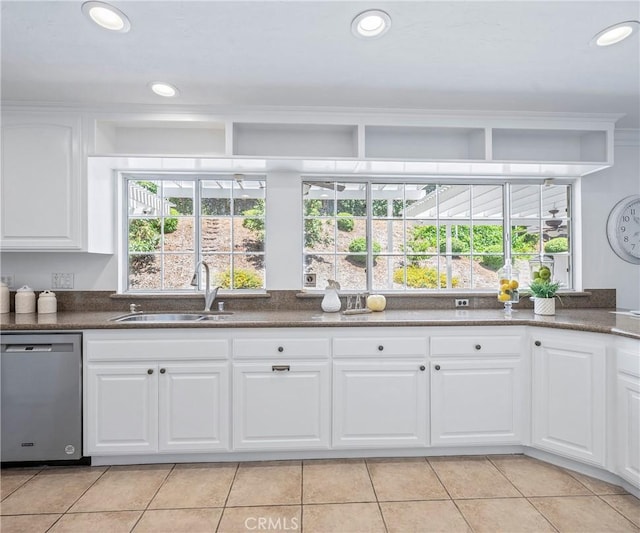 415 Buttonwood Dr, Brea, CA 92821 - kitchen featuring stainless steel dishwasher, white cabinetry, plenty of natural light, light tile patterned flooring, and recessed lighting
