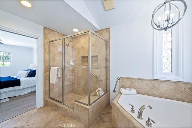 415 Buttonwood Dr, Brea, CA 92821 - ensuite bathroom with a garden tub, a stall shower, a chandelier, and recessed lighting