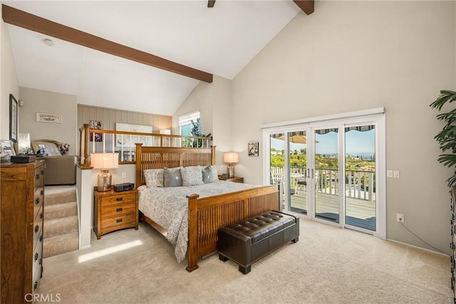 3602 E Ridgeway Rd, Orange, CA 92867 - carpeted bedroom featuring beam ceiling, access to outside, and high vaulted ceiling