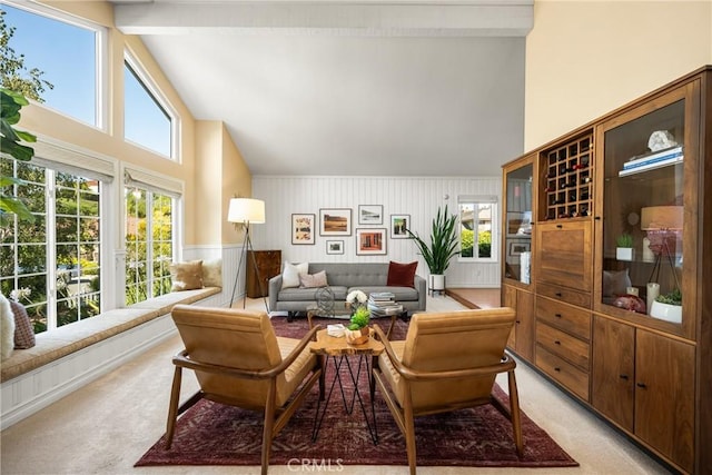 3602 E Ridgeway Rd, Orange, CA 92867 - living area with high vaulted ceiling, light colored carpet, and beamed ceiling