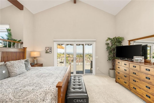 3602 E Ridgeway Rd, Orange, CA 92867 - bedroom with access to exterior, light carpet, high vaulted ceiling, and beam ceiling