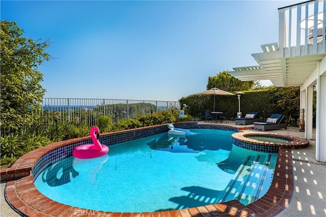 3602 E Ridgeway Rd, Orange, CA 92867 - view of swimming pool featuring a fenced backyard, a pool with connected hot tub, a pergola, and a patio area