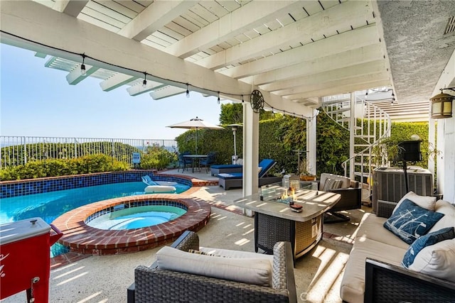 3602 E Ridgeway Rd, Orange, CA 92867 - view of patio / terrace featuring an in-ground hot tub, an outdoor hangout area, and outdoor dining area