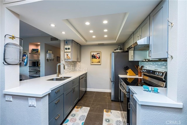 1111 E Ramon Rd Unit 37, Palm Springs, CA 92264 - kitchen featuring appliances with stainless steel finishes, under cabinet range hood, decorative backsplash, a peninsula, and recessed lighting