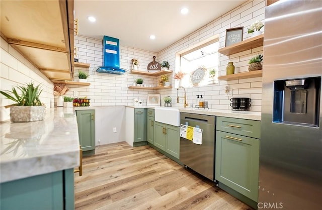 10113 Dorset, Rancho Cucamonga, CA 91730 - kitchen featuring green cabinets, appliances with stainless steel finishes, open shelves, decorative backsplash, and recessed lighting