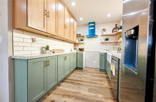 10113 Dorset, Rancho Cucamonga, CA 91730 - kitchen featuring open shelves, green cabinetry, refrigerator, tasteful backsplash, and light wood finished floors