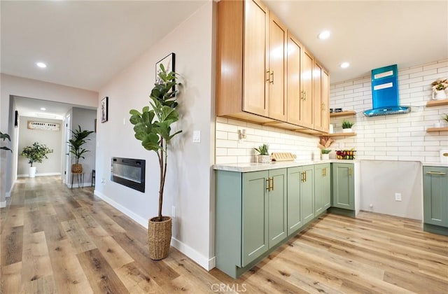 10113 Dorset, Rancho Cucamonga, CA 91730 - kitchen with green cabinetry, open shelves, tasteful backsplash, light wood-type flooring, and recessed lighting