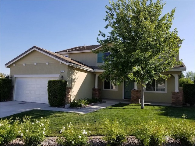 102 Mesa Ct, Calimesa, CA 92320 - view of front of property with stucco siding, an attached garage, a front lawn, and driveway