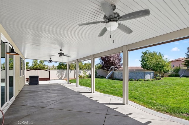 102 Mesa Ct, Calimesa, CA 92320 - fenced backyard featuring a ceiling fan, a patio area, and a pool