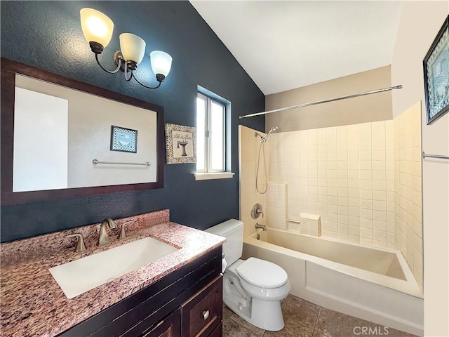 11700 White Pine Ct, Fontana, CA 92337 - bathroom featuring lofted ceiling, vanity, tile patterned floors, and shower / tub combination