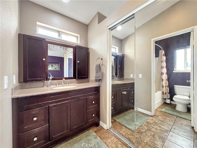 11700 White Pine Ct, Fontana, CA 92337 - full bath with vanity, healthy amount of natural light, shower / tub combo with curtain, a textured wall, and tile patterned floors