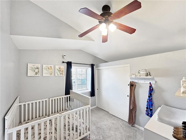11700 White Pine Ct, Fontana, CA 92337 - bedroom with vaulted ceiling, carpet flooring, a crib, and ceiling fan