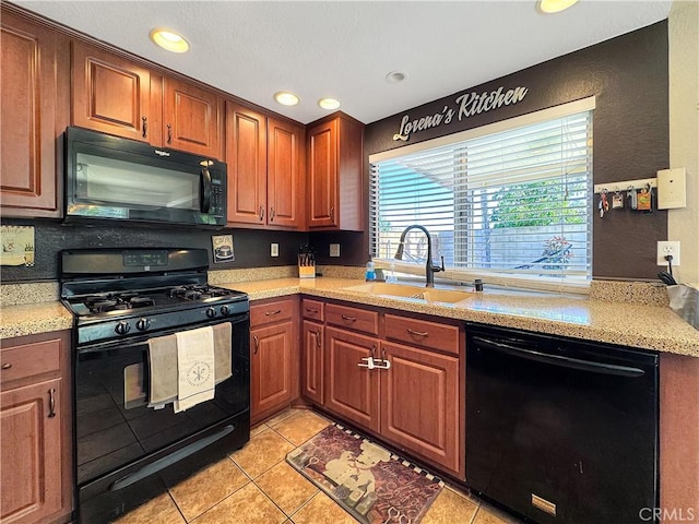 11700 White Pine Ct, Fontana, CA 92337 - kitchen featuring black appliances, light tile patterned floors, recessed lighting, and brown cabinets