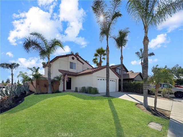 11700 White Pine Ct, Fontana, CA 92337 - mediterranean / spanish home featuring concrete driveway, stucco siding, a garage, and a tile roof